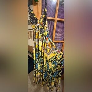 Antica Santoria Elegant Yellow and Blue Maxi Dress